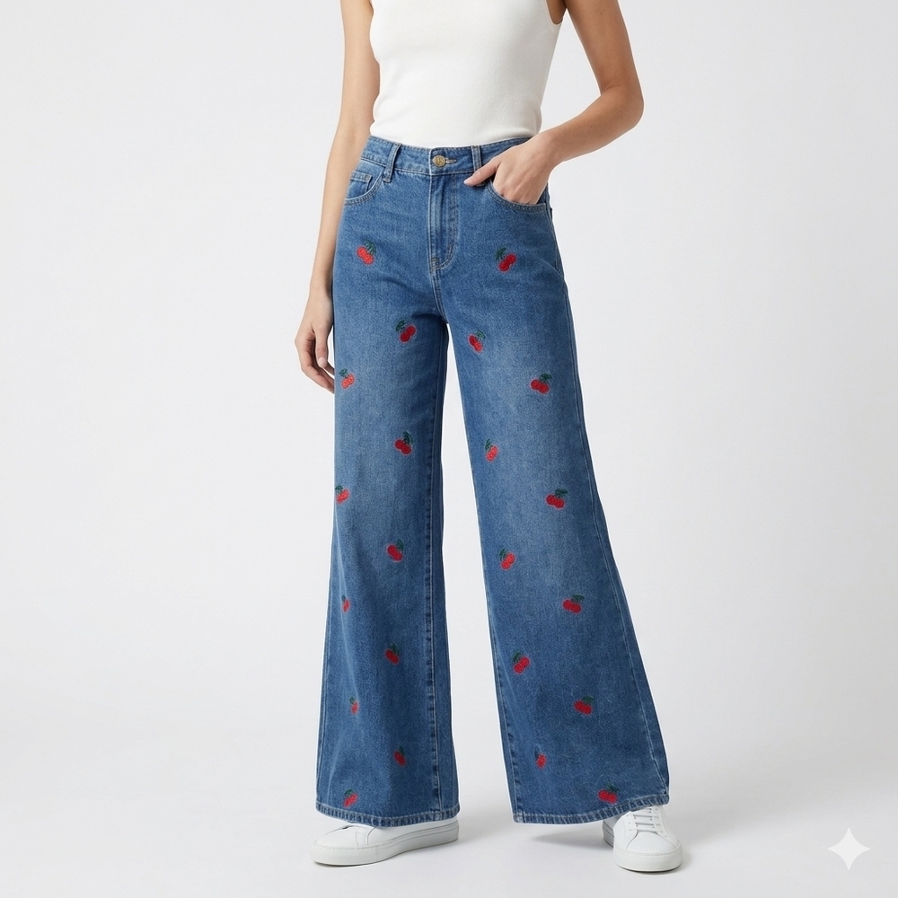 Ashley Mason Wide Leg Jeans Low Rise 26 Embroidered Cherry NWT